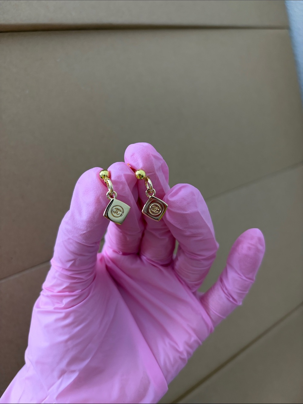 Gold Drop Cube Earrings - Pink Accent - Picture 2 of 4